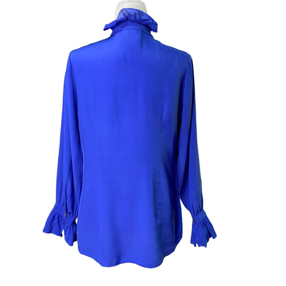 SOFT SURROUNDINGS | sz M Womens Blue Ruffle Collar Silk Button Down Shirt - Picture 3 of 4